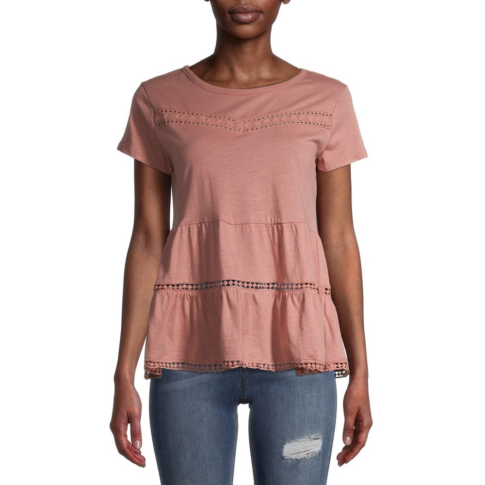 NWT Derek Heart Juniors Short sleeve Peplum Pink Crochet Top tiered Size S